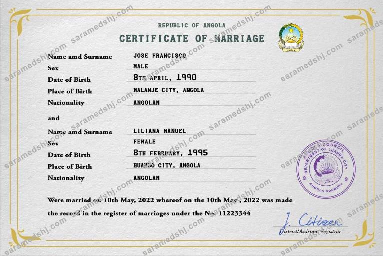 Angola marriage certificate PSD template